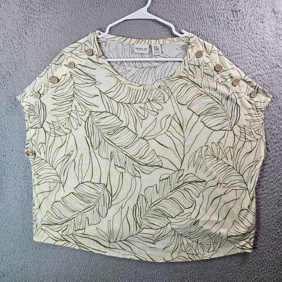 Rachel Zoe Linen‎ Lyocell Tee Top Women 2X Stretch Leaf Print Yellow Green Comfy - Picture 1 of 8